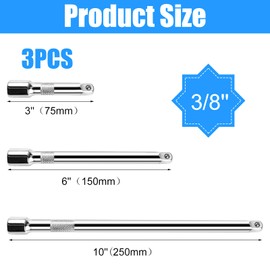 3-tlg 3/8 Verlängerung, Steckschlüsselsatz 3/8 Zoll, 75mm/150mm/250mm Steckschlüssel Verlängerungen, Kippverlängerungs-Satz für Steckschlüssel Schlagschrauber Ratsche Knarre