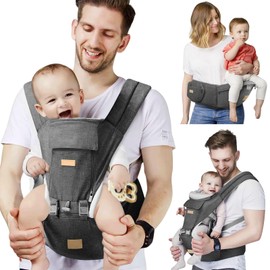 SNOOZYNEST Baby Carrier Newborn to Toddler with Hip Seat, Soft 6-in-1 Ergonomic All Positions Infant Carrier 7-33 Ib with Hood and for All Seasion Use for Dad and Mom Dark Grey
