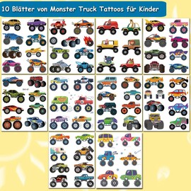 CHARLENT Temporary Monster Truck Tattoos for Kids, 10 Pieces Monster Truck Tattoos for Birthday Party Supplies for Boys