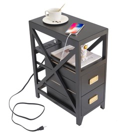 BECTSBEFF Fully Assembled Narrow Side Table with Charging Station, No Assembly Narrow Nightstand with USB Ports, Pre Assembled Skinny End Table with Outlets for Living Room, Bedroom-Black