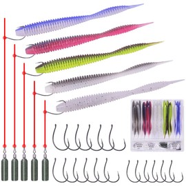 Drop-Shot-Rigs-for-Bass-Fishing-Soft-Plastic-Lures-Worm Fishing Hooks, 4 inch Rubber Worms, Wacky Worms, Straight Tail Stick Baits - 49 Piece Kit with 25 Bodies, 18 Hooks, 6 Weights