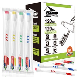 VKshop 120 Bulk Disposable Toothbrushes with Toothpaste,Individually Wrapped Toothbrushes, 120PS 5g Toothpaste，Adult Toothbrush Medium for Homeless，Travel, Hotel, Donation（White）