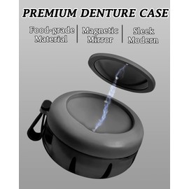 Denture Case, Definitely No-Leak Denture Bath Box for Traveling Perfectly, Denture Cup with Strainer & Magnetic Mirror, Completely Clean Care for Retainer, Mouth Guard, & Denture