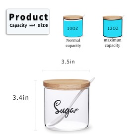 Clear Glass Sugar Bowl with Serving Spoon and Bamboo Lid, Farmhouse Kitchen Countertop Canisters, Container Jar Dispenser Holder for home kitchen,12 oz