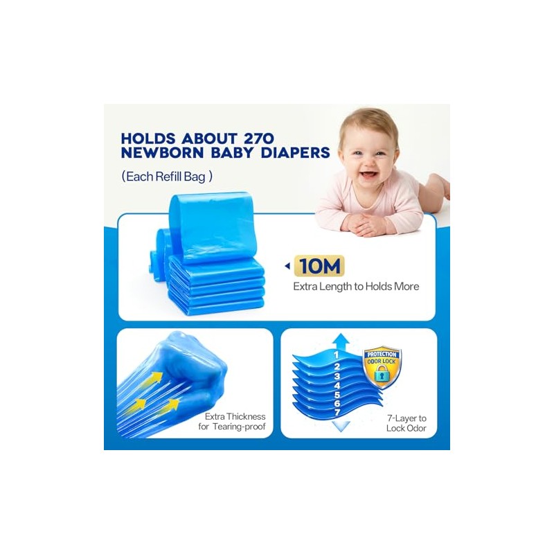 8 Pack Nappy Bin Refills, 10M Extra Long Diaper Pail