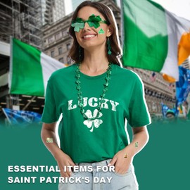 St Patricks Day Shirt Women Green Shamrock Lucky Clover Tee Funny Outfits Costume Earrings Necklace Glasses Socks Tattoos Accessories Set Lucky Set L