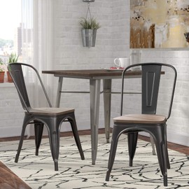 JUMMICO Metal Dining Chair Stackable Industrial Vintage Kitchen Chairs Indoor-Outdoor Bistro Cafe Side Chairs with Back and Wooden Seat Set of 4 (Black)