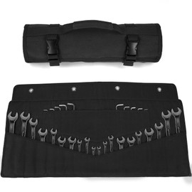 Wrench Roll 32 Pockets, Heavy-Duty 16 oz. Waxed Canvas Wrench Roll Up Bag Holds Wrench Wrap for Metric and SAE Wrenches, Wrench Pouch with Buckles and Handle, Sturdy Wrench Tool roll (Black)