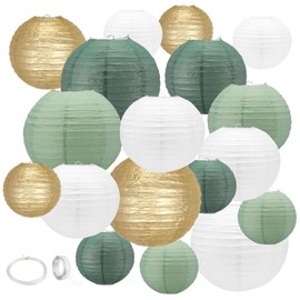 Sage Green Paper Lanterns,16Pack Gold Green White Party Decorations with Tape and String,Hanging Lantern for Bridal Shower Decor,Graduation,Wedding,Tropical,Birthday Party Supplies(Sage Green)