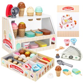 ZJEFUNS Wooden Ice Cream Toys for Kids Ice Cream Counter Shop for Toddlers Pretend Play Food Scoop and Serve with Scoop & Menu & Fake Money for Boys and Girls Ages 3 4 5 6.