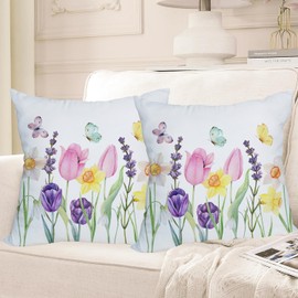 Fukeen 2 Pack Waterproof Spring Floral Pillow Covers 20x20 Inch Pink Tulip Flower Lavender Butterfly Throw Pillow Covers Outdoor Spring Summer Farmhouse Decorations Cushion Case Double Sided