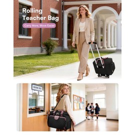 Arcoyard Rolling Teacher Bag with File Teacher Tote and Detachable Trolley, Large Rolling Bag for Work with 17.3 Inch Laptop Compartment, Work Bags for Women, Teaching, Nurse, Craft, Black Purple