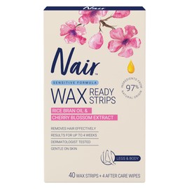 Nair Sensitive Large Hair Remover Wax Strips – For Sensitive Skin, Legs, Underarms and Bikini Area – No Need to Rub, Ready to Use – Natural Derived Formula - 40 Wax Strips 4 after Care Wipes