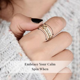 TJC Fidget Ring - 925 Sterling Silver Anxiety Rings - Spinner Rings for Women & Men - 360° Spinning Rotatable Ring to Relieve Stress & Worry - Floral Vine Design - 14K Yellow Gold Vermeil - Size W