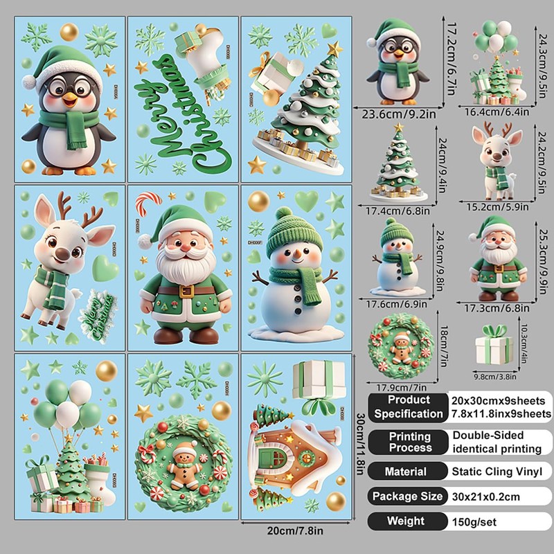 9 Pcs Christmas Window Stickers, Large Christmas Window Decorations,Reusable Stereo