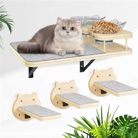 Cat Wall Shelves, Cat Shelves and Perches for Wall, Cat Shelves Wall Mount, Cat Wall Furniture with 3 Cat Wall Steps, Cat Climbing Shelf Cat Scratch Post, Cat Wall Shelf with 2 Cat Food Shelf