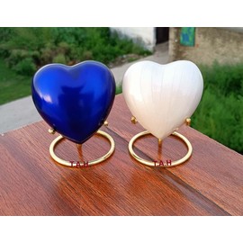 Beautiful Set of 2 White and Blue Heart Keepsake Mini Heart Cremation Urn with Brass Stand for Loved One's Ashes