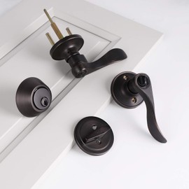 3 Sets-Front Door Entry Lever and Single Cylinder Deadbolts Combination Set, Keyed Alike Interior and Exterior Hardware, Oil Rubbed Bronze Door Handlesets, Combo Pack, Drop/Wave Shape Lockset Leverset