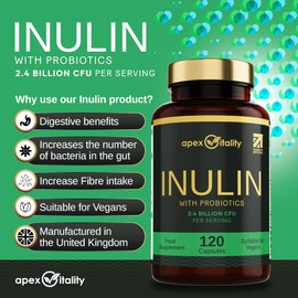 Apex Vitality Apex Vitality Probiotics for Adults C 120-Capsules Inulin Probiotic Supplement C 2.4 Billion CFU Probiotics for Gut Health C Vegan Supplement for Digestive Support, Immunity Boost C Made in UK