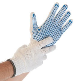 FRANZ MENSCH Hygostar Structa Chunky Knit Gloves, Nylon/Cotton, Pack of 12, White/Blue, 8/M, L: 24 cm, Cotton Knitted Gloves, Chunky Knit Gloves, Work Gloves, Assembly Gloves