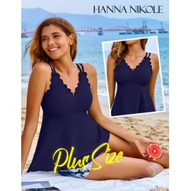 Hanna Nikole Women's Tankini Set V-Neck and Wavy Edge Two Piece Swimwear with Shorts, navy
