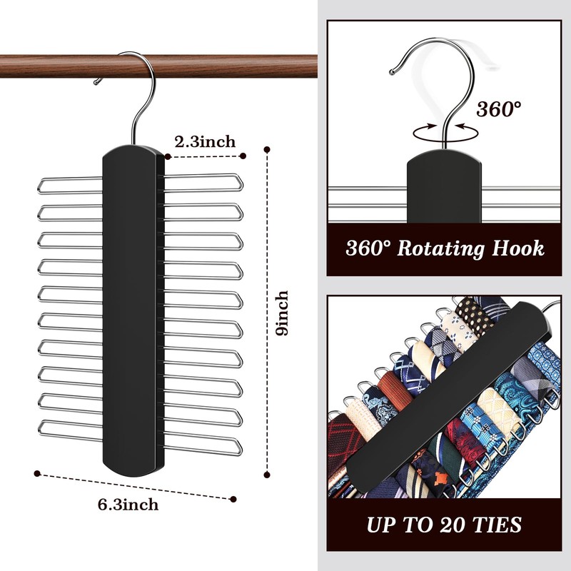 2 Pack Tie Rack for Closet, Premium Wooden Necktie Organizer