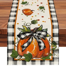 DTCSWACN Pumpkin Bow Buffalo Plaid Fall Table Runner, Seasonal Autumn Kitchen Dining Table Decor, Dinner Party & Thanksgiving Centerpiece Decorations 13x72 Inch