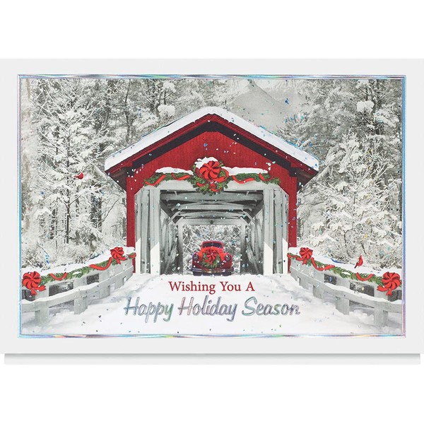 The Gallery Collection, 25 Personalized Christmas Cards with Foil-Lined Envelopes (Holiday Covered Bridge), For Business or Consumer