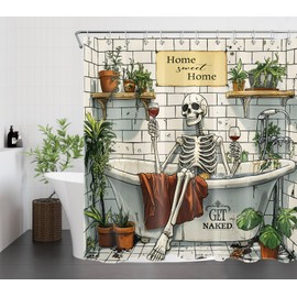 HVEST Skull Skeleton Shower Curtain for Bathroom Gothic Funny Skeleton in Bathtub and Green Plant Potted Shower Curtain Get Naked Bathroom Curtain Polyester Fabric with Hooks, 72Lx72W Inches