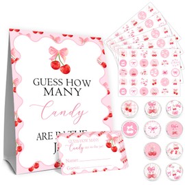Cherry Baby Shower Decor, Guess How Many Baby Shower Game, Decoration For Girl's Baby Shower with 30PCS Cherry Bow Cards Kids' Birthday, Sticker, Party Favor & Decoration