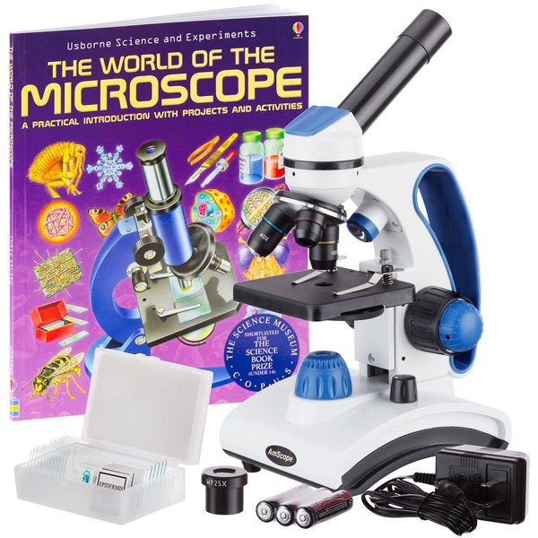 AmScope M162C-2L-PB10-WM"Awarded 2018 Best Students and Kids Microscope Kit" - 40X-1000X Dual Light All Metal Microscope with Slides and Microscope Book, Blue