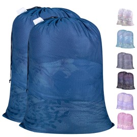 Polecasa Heavy Duty Extra Large Mesh Laundry Bags with ID Tag and Locking Drawstring Closure - 2 Pack, 30 x 36 inches - Laundry Hamper Liner, Washable Laundry Bag for Travel, Sports, Dorms (Blue)