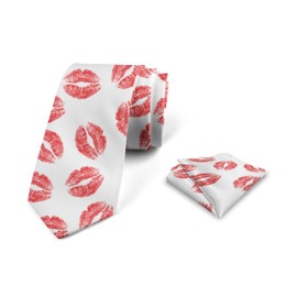 Ambesonne Feminine Men's Tie Set, Pattern of Lipstick Kiss Marks Woman Valentines Wedding Theme Illustration, Necktie Set Groom Handkerchief for Parties Weddings & All Occasions, White Red