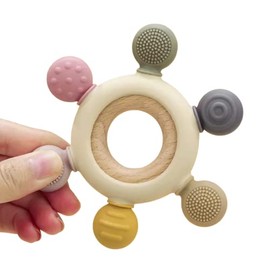 CUACUA BABY | Mordedera En Forma De Circulo| Esquinas Con Diferentes Texturas Sensoriales | Silicon Grado Alimenticio Y Madera | Alivia Dolor En Encías Y Dientes (Rosa)