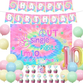 Tie Dye 10th Birthday Decorations for Girls, Out Single Digits I’m 10 Backdrop Rainbow Balloons 60s 70s Hippie Theme Tenth Birthday Party Supplies for 10 Year Old Girl