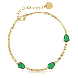 Made by Nami Women's Gold Gemstone Bracelet with Three Green Chakra Stones 16 cm Long with 4 cm Adjustable Chain as a Perfect Jewellery Gift for Women, zinnober
