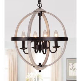 Q&S Farmhouse Chandelier,Industrial Rustic Globe Sphere Orb Chandelier Oak White 4 Lights for Dining Room Entryway Kitchen Island Foyer UL Listed