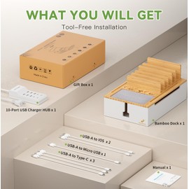 Pezin & Hulin Bamboo Charging Station for Multiple Devices, USB Charger Dock Organizer, with Power Supply (10 Ports HUB), 6 Cables, Cable Management Organizer for Cell Phones, Tablets -Natural+White