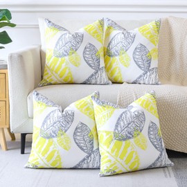 Sungeek Set of 4 Leaf Print Decorative Cushion Covers Soft Pillow Covers with Invisible Zipper Square Throw Pillow Cases for Sofa Bed Patio Farmhouse Outdoor (Yellow+Grey, 45x45 cm)