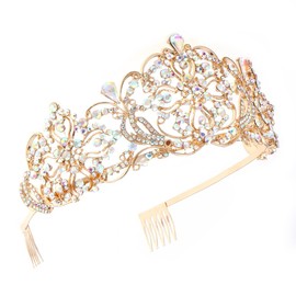 Weddingtopia Crystal Princess Pageant Gold Wedding tiara for bridal Plus Wedding Hair Pieces For Free– Rhinestone Bridal Tiara Crown with side combs Exquisite Headband Comb Pin (GOLD AB)