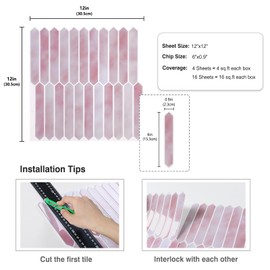 CRE8TIVE 4 Sheets Long Hexagon Tile Peel and Stick Backsplash Pink Peel and Stick Tiles for Walls 12"x12" Adhesive Back Splash Tiles for Kitchen Bathroom Waterproof 3D Tile Stickers for Laundry Room