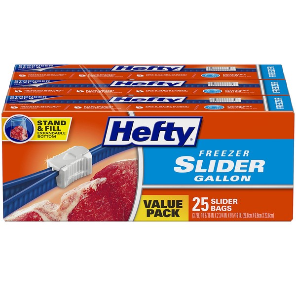 Hefty Slider Freezer Storage Bags, Gallon Size, 25 Count (Pack of 3), 75 Total