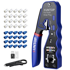 XUNTOP RJ45 Crimp Tool Kit for Cat5 Cat5e Cat6 Cat6a Cat7 Ethernet Crimping Tool Kit for RJ45 Pass Through Connector with 20 PCS Cat6 Pass Through Crystal Heads 20 PCS Blue Protection Covers