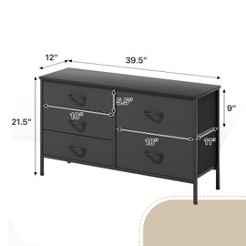 Athena Collection 5 Drawers Dresser for Bedroom, Wide Chest of Drawers TV Stand with Metal Frame, MDF Top, Fabric Dresser for Living Room, Hallway, 39.5" L x 12" W x 21.5" H, Black
