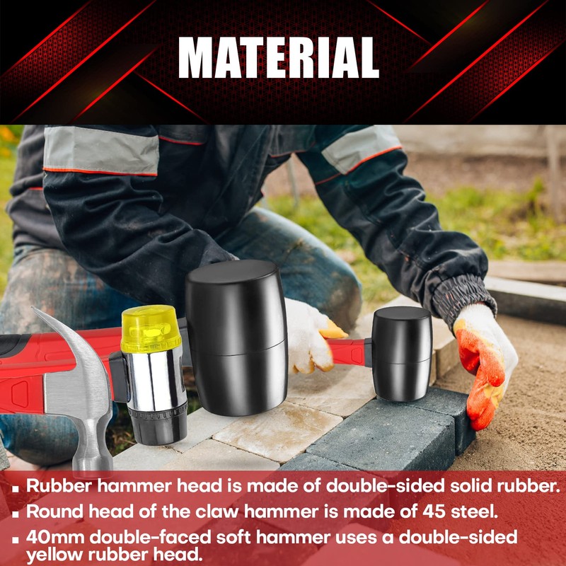 YIYITOOLS 3 Pcs Hammer Set,16oz Rubber Mallet,16oz Claw Hammer and