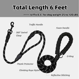 YUDOTE Premium 6ft Dog Leash with Traffic Handle, Reflective and Soft Padded Grip, Heavy Duty Clip,Durable Climbing Rope for Enhanced Control & Safety for Large or Medium Sized Breeds in Black