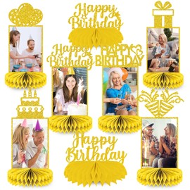 NANAGALI 8Pcs Happy Birthday Party Decorations Honeycomb Centerpieces Gold Glitter Happy Birthday Photo Table Centerpiece Party Supplies for Men/Woman, 60th 50th 40th 30th 21st 16th Photo Table Topper