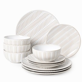 FOBENTA Dinnerware Sets for 4, Ceramic Microwave Safe Plates and Bowls Sets, 12 Piece Matte Chip Resistance Dish Set, Home Essentials Embossment Stoneware Dinnerware Set, Wedding Gift