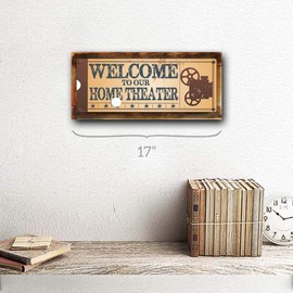 OMSigns Welcome to Our Home Theatre Metal Sign on Rustic Barn Wood Frame, Retro Ticket to The Movie, Media Room, Family Room, Bar, Den Decor