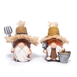 Hodao 2 - Pack Farmhouse Garden Gnome Set - Hand - Painted Resin Figurines with Rustic Straw Hats & Tools, Indoor Outdoor Decor for Garden, Yard, Patio & Home (Orange-Brown)